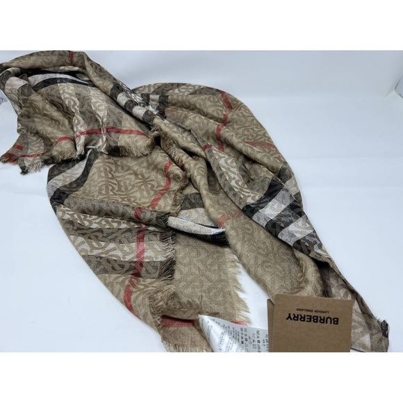 New Burberry Check motif TB monogram wool and silk blend scarf - Picture 10 of 11